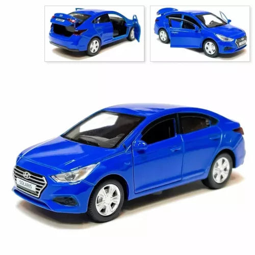 Blue Hyundai Solaris diecast car model, front three-quarter view, 1/36 scale
