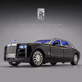 1:24 alloy diecast toy car model of a black Rolls Royce Phantom, side view with blue lights
