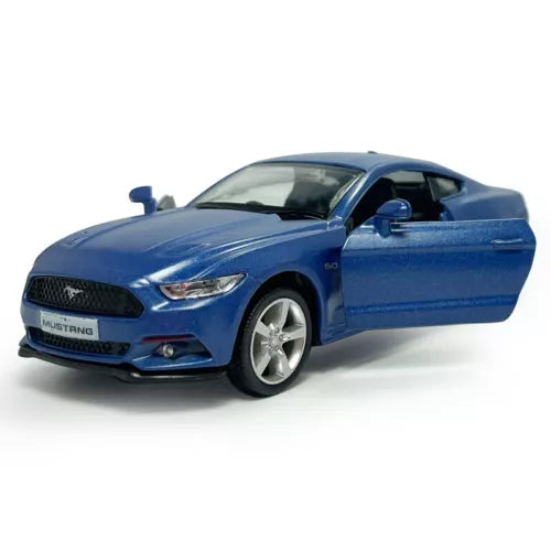Matte blue diecast model car of a Ford Mustang, front three-quarter view