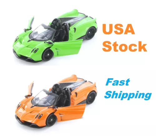 Diecast model toy car set, green and orange roadster with black wheels and windows