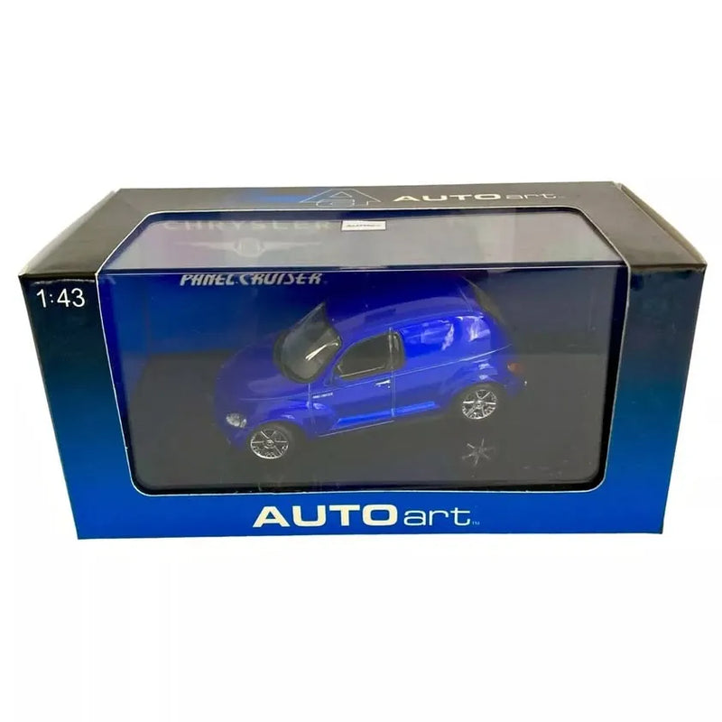 Metallic blue diecast car in display box, 1:43 scale