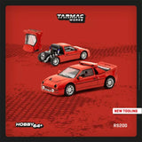 Red 1:64 diecast model car with open trunk, detailed RS200 styling