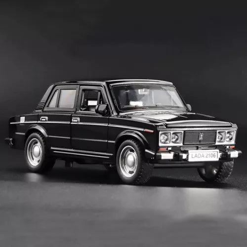 Diecast model car, black LADA 2106 sedan, front three-quarter view