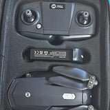 Gray drone remote controller with two joysticks and control buttons