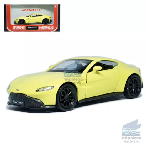 Yellow Aston Martin Vantage alloy diecast model car, front 3/4 view