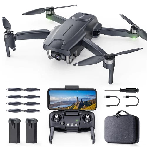 Compact black GPS drone with camera, four propellers, handheld remote and case