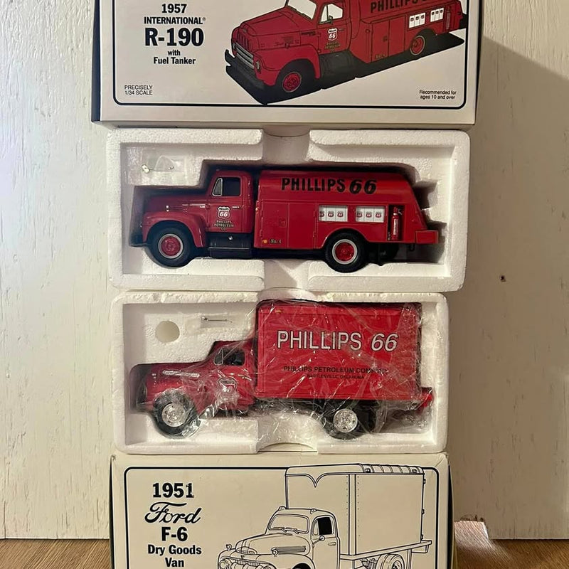 Phillips 66 red diecast truck set in two boxes with molded foam inserts