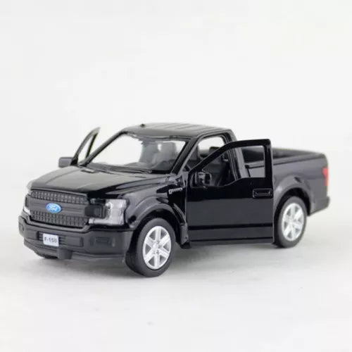 Black diecast pickup truck model car with open driver door and detailed grille