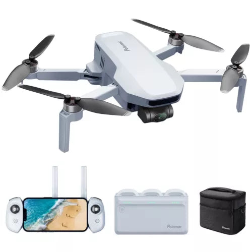 White quadcopter drone with gimbal, remote, and carrying case