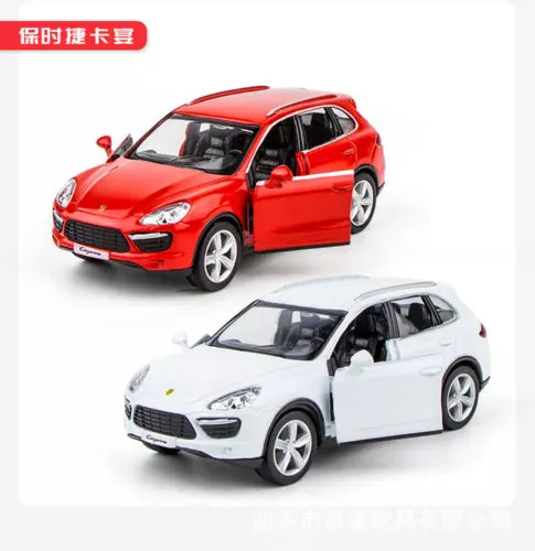 1:36 scale diecast model cars, red and white Porsche-style hatchback vehicles
