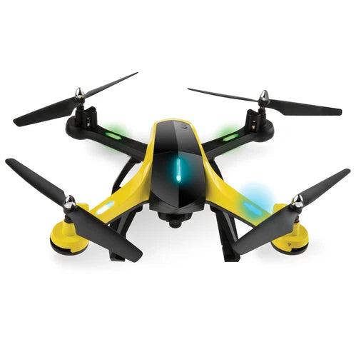 Yellow and black quadcopter drone with four propellers and camera body