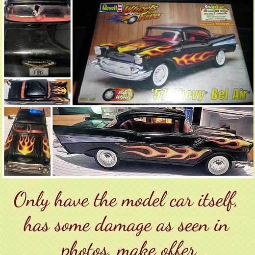 Black and orange flame-decal diecast model car, shown in Revell packaging
