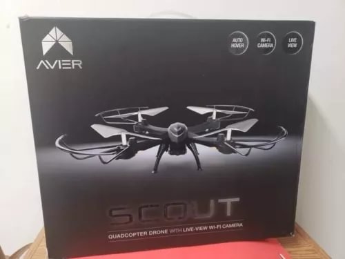 Avier Scout quadcopter drone box with drone artwork and Wi-Fi camera icons