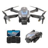 Foldable quadcopter drone with 4 rotors and front light, plus handheld controller