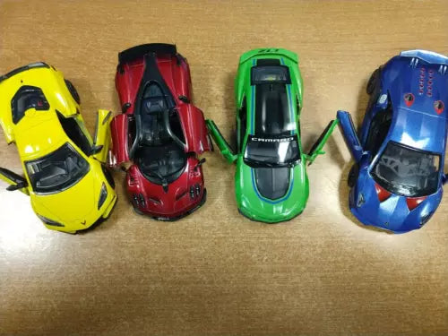 Die-cast pullback toy cars set with yellow, red, green, and blue model vehicles