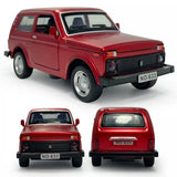 1/32 scale red VAZ Lada Niva diecast model car, alloy metal toy with front and rear views