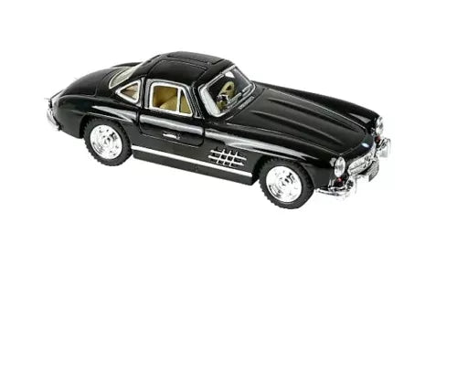 Black 1954 Mercedes-Benz 300 SL diecast toy car, front 3/4 view, chrome wheels