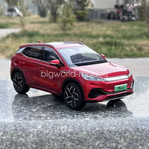 Red 1/18 scale BYD Yuan Plus diecast car model, front three-quarter view