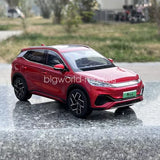 Red 1/18 scale BYD Yuan Plus diecast car model, front three-quarter view