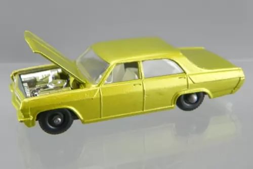 Gold diecast vintage Opel Diplomat car model, 1/64 scale, with open hood