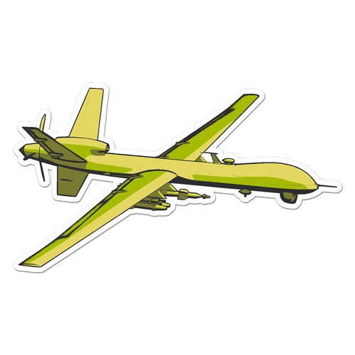 Green attack drone vinyl decal sticker with two wing missiles, die-cut outline