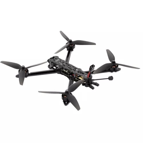 FPV quadcopter drone with four dark propellers and carbon frame
