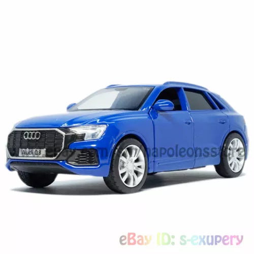Blue diecast SUV model car with silver wheels, front 3/4 view