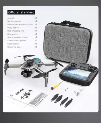 Quadcopter drone kit with grey carrying case and remote controller with screen
