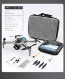 Quadcopter drone kit with grey carrying case and remote controller with screen