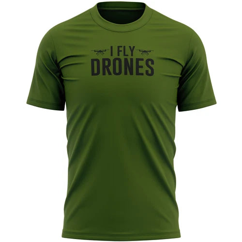 Men's green T-shirt with I FLY DRONES drone graphic