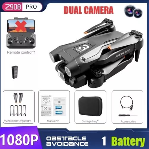 Quadcopter drone with dual cameras, dark gray body and front sensors