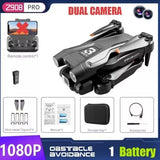 Quadcopter drone with dual cameras, dark gray body and front sensors