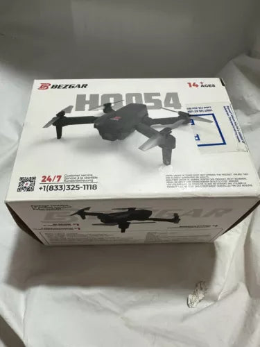 Mini foldable drone product box with black drone illustration and remote controller graphics