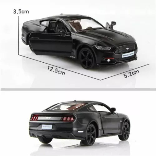 Black diecast model car toy with open driver door, side view