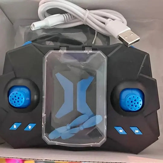 Blue toy drone remote controller with blue side buttons and screen