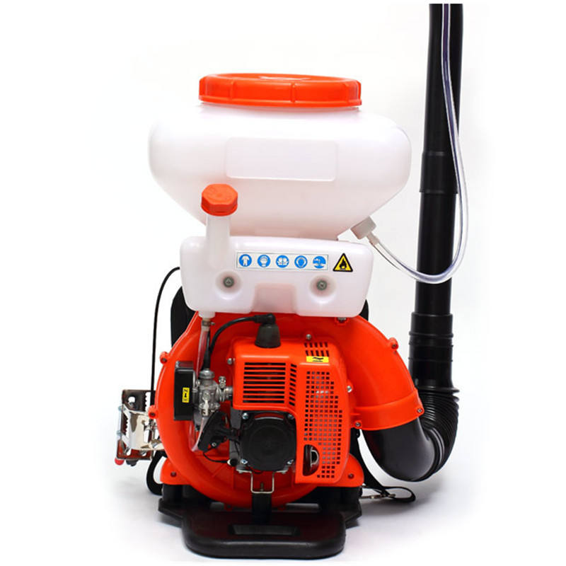 Gasoline knapsack power sprayer with white tank and orange engine housing, black hose