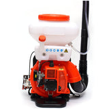 Gasoline knapsack power sprayer with white tank and orange engine housing, black hose