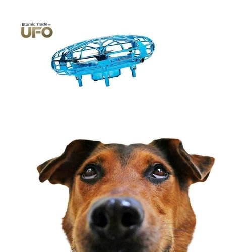 Blue mini UFO hand-operated drone with translucent body and landing legs