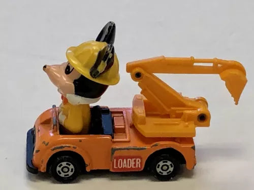Vintage orange diecast loader truck with Mickey Mouse driver figurine, TOMY, working scoop