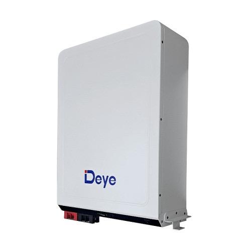 Wall-mounted solar battery by Deye, white rectangular unit with front ports and logo