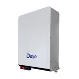 Wall-mounted solar battery by Deye, white rectangular unit with front ports and logo
