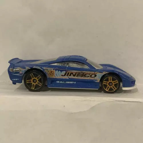 Blue diecast sports car with gold wheels and side graphics