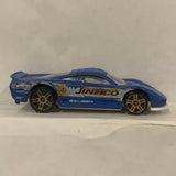 Blue diecast sports car with gold wheels and side graphics