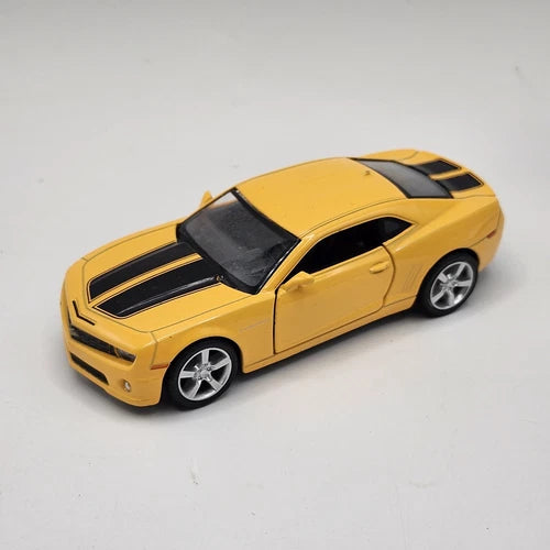 Yellow diecast toy car with black racing stripes, silver wheels, front view