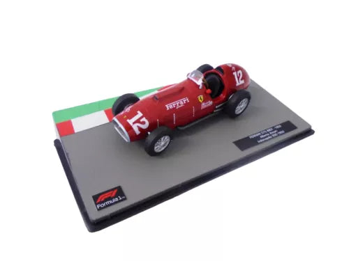 FERRARI 1:43 diecast race car model with #12 on red body, on display base