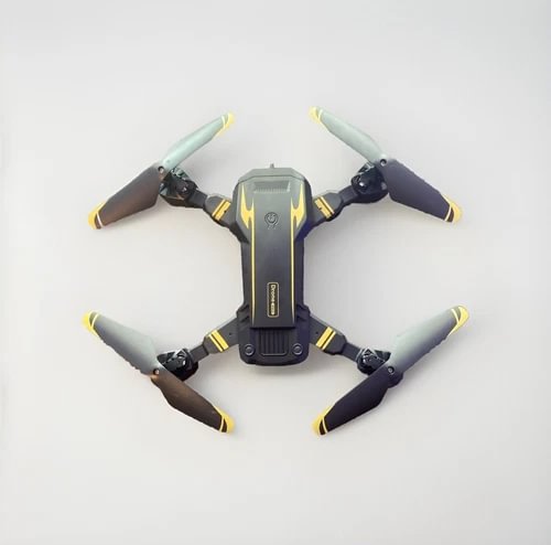 Black quadcopter drone with four propellers and central camera module