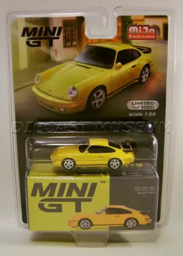 Yellow 1987 Porsche Ruf CTR die-cast car model in retail blister box