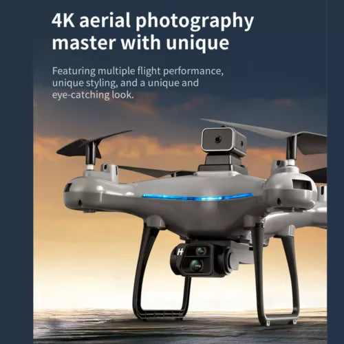 Grey quadcopter RC drone with dual camera and LED lights