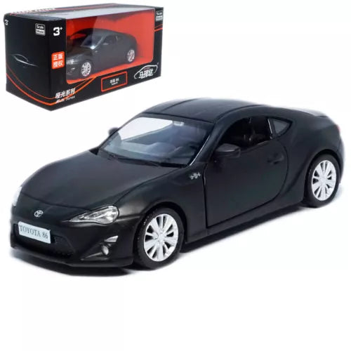 Black 1:36 diecast model car toy, front three-quarter view with display box