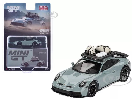 Green Porsche diecast model car with roof rack, 1:64 scale, front 3/4 view